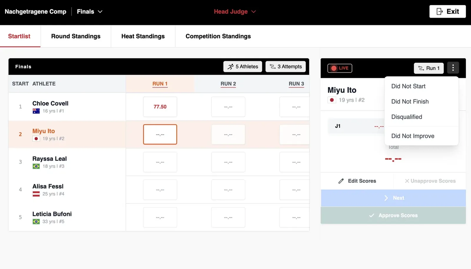 Live scoring: DNS, DNF and DSQ